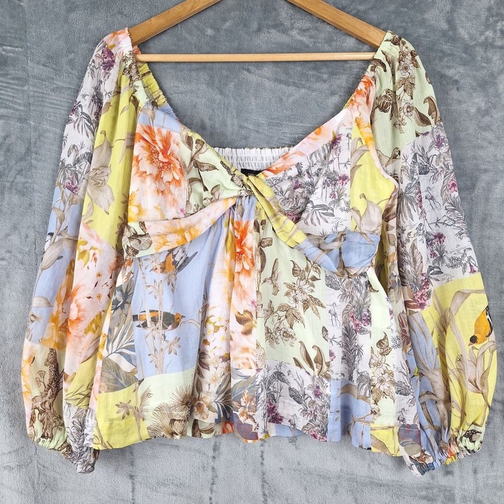 Womens Top Medium Patchwork Babydoll Boho Twist Front Floral Crop Birds Cottage